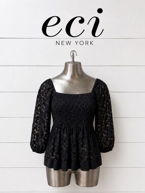 ECI New York Textured Peplum Blouse – Black – Size 6